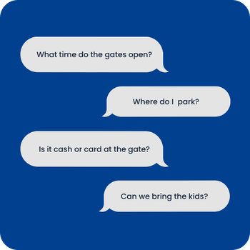Speech bubbles showing common event questions about gate times, parking, payment and kids.